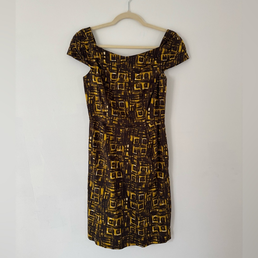 Milly New York Boatneck Cap-Sleeve Brown and Yellow Abstract Dress 2